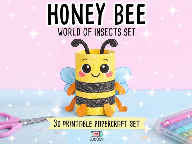 Bee Printable 3D Paper Craft Kit | Insects DIY Kids Classroom Project, Educational Happy Honey Bee Model with Yellow and Black Stripes bild 1