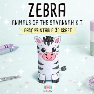 K&ouml;nnte beinhalten: Bastelset mit einem Papierzebra, Buntstiften, einer Schere und einem Klebestift. Das Zebra ist wei&szlig; mit schwarzen Streifen, rosa Wangen und einer schwarzen M&auml;hne. Der Text lautet "ZEBRA ANIMALS OF THE SAVANNAH KIT EASY PRINTABLE 3D CRAFT."
