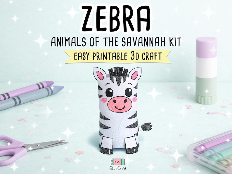 K&ouml;nnte beinhalten: Bastelset mit einem Papierzebra, Buntstiften, einer Schere und einem Klebestift. Das Zebra ist wei&szlig; mit schwarzen Streifen, rosa Wangen und einer schwarzen M&auml;hne. Der Text lautet "ZEBRA ANIMALS OF THE SAVANNAH KIT EASY PRINTABLE 3D CRAFT."