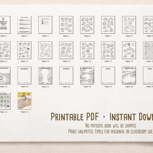 May include: A printable PDF with various coloring pages, featuring animals and scenes, arranged in a grid. The pages are black and white, with text in English. The text on the image says "PRINTABLE PDF &bull; INSTANT DOWNLOAD".