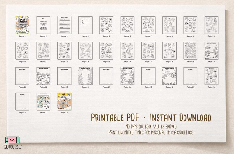May include: A printable PDF with various coloring pages, featuring animals and scenes, arranged in a grid. The pages are black and white, with text in English. The text on the image says "PRINTABLE PDF &bull; INSTANT DOWNLOAD".
