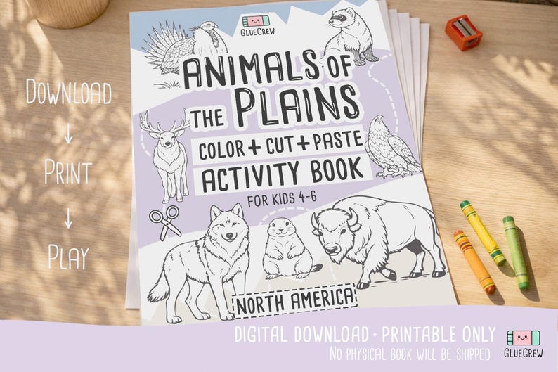 cover of the Animals of American Plains Kids Activity Book, Color & Cut and Paste