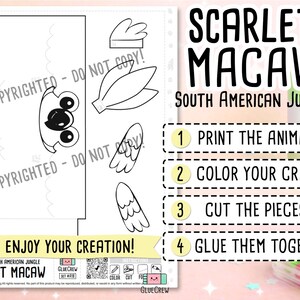 Scarlet Macaw Printable Paper Craft | 3D Printable DIY Craft for Kids | Rainforest Animals | Classroom Homeschool Fine Motor Activity zdjęcie 2