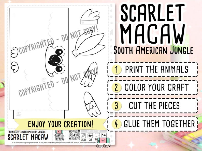 Scarlet Macaw Printable Paper Craft | 3D Printable DIY Craft for Kids | Rainforest Animals | Classroom Homeschool Fine Motor Activity zdjęcie 2