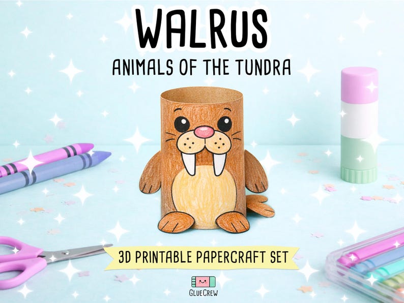 Op de afbeelding: Een bruine papieren walrusfiguur met witte slagtanden, een roze neus en een beige buik, met de tekst WALRUS ANIMALS OF THE TUNDRA en 3D PRINTABLE PAPERCRAFT SET. De walrus is gemaakt van een cilindrische koker met bevestigde papieren ledematen.