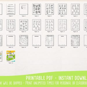 May include: A collection of printable activity pages, including coloring pages and activity sheets. The pages feature various themes, including insects and animals. The image also includes the text "PRINTABLE PDF - INSTANT DOWNLOAD".