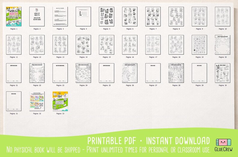May include: A collection of printable activity pages, including coloring pages and activity sheets. The pages feature various themes, including insects and animals. The image also includes the text "PRINTABLE PDF - INSTANT DOWNLOAD".