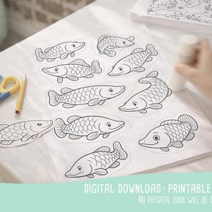 Puede incluir: Una hoja de colorear con peces en blanco y negro, unas tijeras y un l&aacute;piz. Los peces est&aacute;n delineados en blanco y negro, listos para colorear. El texto en la parte inferior dice "DESCARGA DIGITAL - SOLO IMPRIMIBLE".