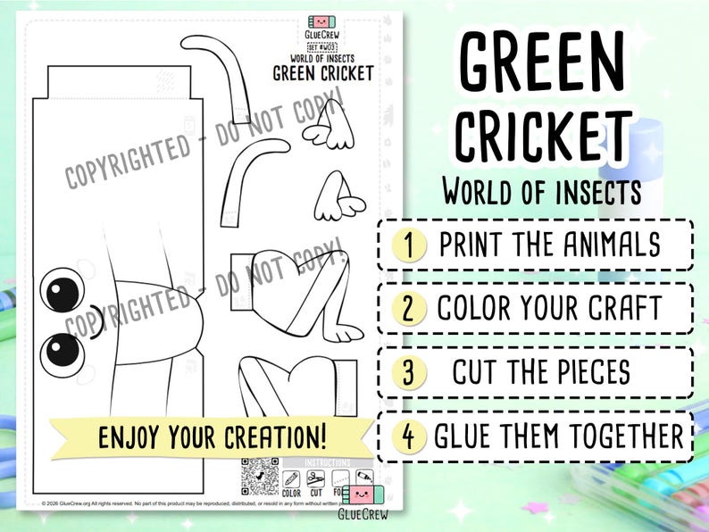 Op de afbeelding: Een printbaar knutselblad getiteld Green Cricket World of Insects met zwart-witte contouren van krekellichaamsdelen, ogen en poten. Instructies: 1 Print de dieren, 2 Kleur je knutselwerk, 3 Knip de stukjes uit, 4 Lijm ze aan elkaar.