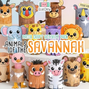 K&ouml;nnte beinhalten: Eine Sammlung farbenfroher Papierbastel-Tiere aus der Savanne, darunter eine Giraffe, ein L&ouml;we und ein Zebra. Der Text "Animals of the Savannah" und "Paper Craft Activity Pack" sind zu sehen. Das Bild zeigt eine Vielzahl von Tierfiguren.