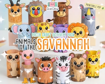 Kit di attività sugli animali della savana con 14 animali africani della savana da realizzare con la carta, perfetti per progetti scolastici e attività didattiche a casa.