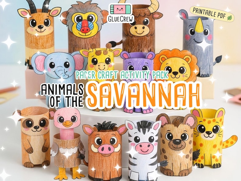 K&ouml;nnte beinhalten: Eine Sammlung farbenfroher Papierbastel-Tiere aus der Savanne, darunter eine Giraffe, ein L&ouml;we und ein Zebra. Der Text "Animals of the Savannah" und "Paper Craft Activity Pack" sind zu sehen. Das Bild zeigt eine Vielzahl von Tierfiguren.