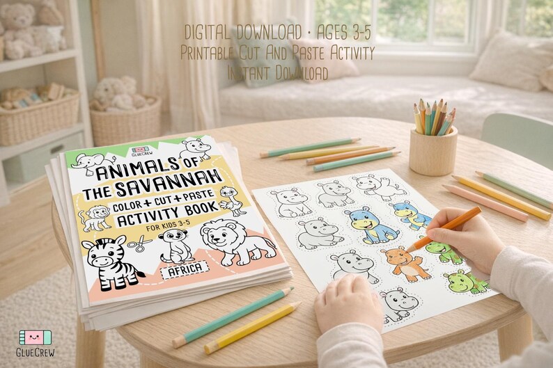 K&ouml;nnte beinhalten: Ein Stapel "Animals of the Savannah" Aktivit&auml;tsb&uuml;cher f&uuml;r Kinder im Alter von 3-5 Jahren mit Ausmal-, Ausschneide- und Klebeaktivit&auml;ten. Das Buchcover zeigt Zeichentricktiere. Ein Kind malt eine Nilpferd-Illustration mit Buntstiften aus.