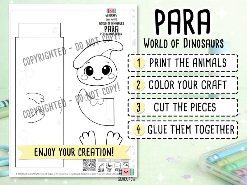 May include: A printable craft sheet titled PARA WORLD OF DINOSAURS featuring black and white line art of a Parasaurolophus dinosaur. The page includes instructions: 1 PRINT THE ANIMALS, 2 COLOUR YOUR CRAFT, 3 CUT THE PIECES, 4 GLUE THEM TOGETHER.
