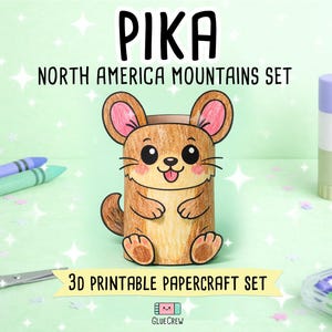 Puede incluir: Un set de manualidades en papel 3D imprimible que muestra un personaje de pika marr&oacute;n con ojos grandes, mejillas rosadas y una lengua peque&ntilde;a. El texto dice PIKA NORTH AMERICA MOUNTAINS SET y 3D PRINTABLE PAPERCRAFT SET. Incluye pegamento y l&aacute;pices.