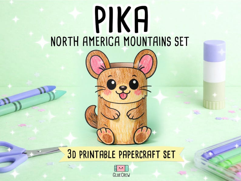 Puede incluir: Un set de manualidades en papel 3D imprimible que muestra un personaje de pika marr&oacute;n con ojos grandes, mejillas rosadas y una lengua peque&ntilde;a. El texto dice PIKA NORTH AMERICA MOUNTAINS SET y 3D PRINTABLE PAPERCRAFT SET. Incluye pegamento y l&aacute;pices.