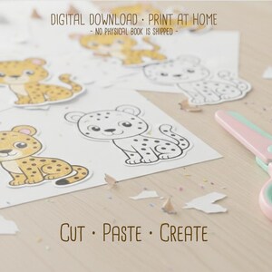 K&ouml;nnte beinhalten: Papierb&ouml;gen mit illustrierten Leoparden-Ausschnitten, einige farbig und einige umrandet, mit dem Text "DIGITALER DOWNLOAD ZU HAUSE DRUCKEN" und "SCHNEIDEN KLEBEN ERSTELLEN". Eine rosa-gr&uuml;ne Schere liegt auf dem Tisch.
