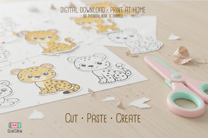 K&ouml;nnte beinhalten: Papierb&ouml;gen mit illustrierten Leoparden-Ausschnitten, einige farbig und einige umrandet, mit dem Text "DIGITALER DOWNLOAD ZU HAUSE DRUCKEN" und "SCHNEIDEN KLEBEN ERSTELLEN". Eine rosa-gr&uuml;ne Schere liegt auf dem Tisch.