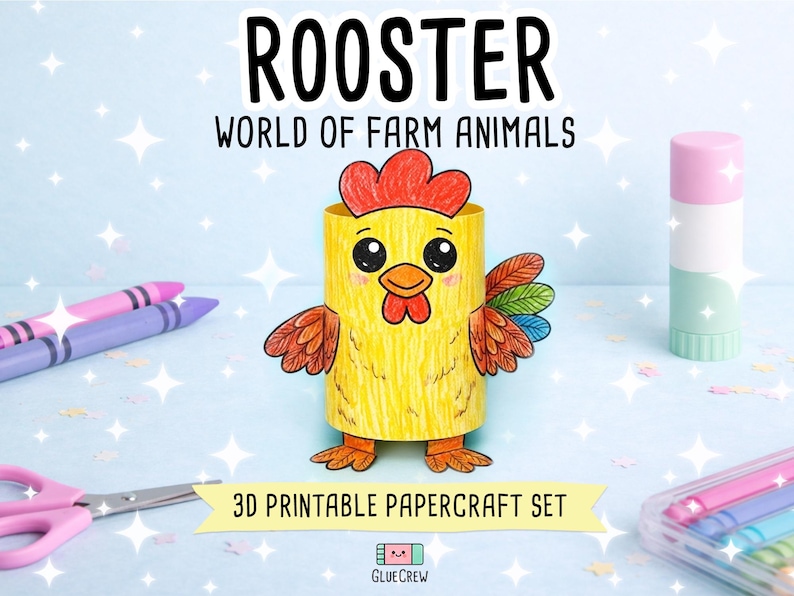 Rooster 3D Paper Craft | DIY Paper Craft for Classroom | Farm Habitat | Preschool Classroom Homeschool Activity | PDF Printable Kids Craft imagen 1