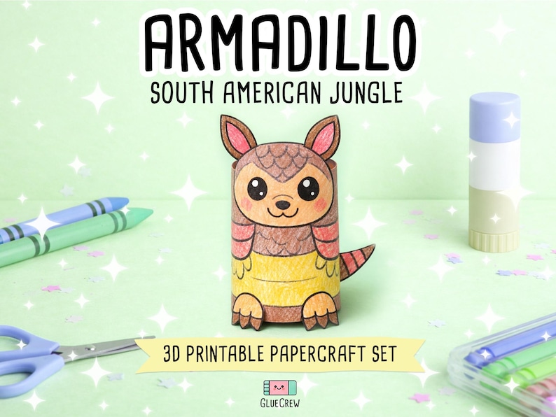 Nine-banded Armadillo Printable Paper Craft | 3D Printable DIY Craft for Kids | South American Jungle | Teacher School Homeschool Habitat imagem 1