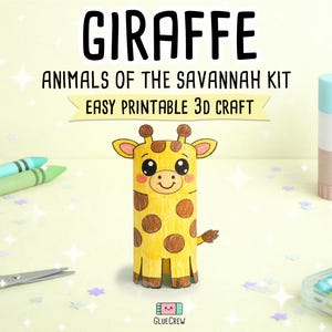 K&ouml;nnte beinhalten: Ein gelbes und braunes Giraffen-Bastelprojekt aus einer Papprolle, Teil eines "Savannen-Tiere-Sets". Das Bild enth&auml;lt Buntstifte, eine Schere und einen Klebestift. Der Text lautet "GIRAFFE" und "Easy Printable 3D Craft."