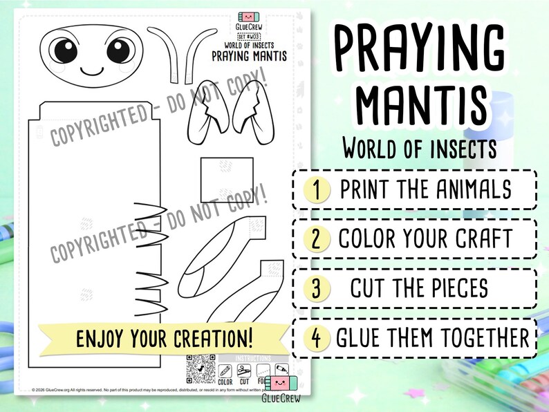 PRAYING MANTIS 3D Paper Craft Kit, Easy Printable Kids Craft for Educational DIY Preschool Activity - Insect Unit for learning image 2