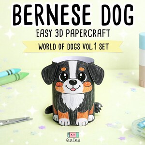 Pu&ograve; includere: Una figura di cane bovaro del bernese in carta 3D nei colori nero, bianco e marrone. Il testo recita "BERNESE DOG", "EASY 3D PAPERCRAFT", "WORLD OF DOGS VOL.1 SET" e "GLUECREW". Il cane di carta ha occhi grandi, orecchie pendenti e una coda.