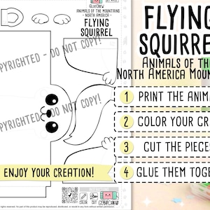 Puede incluir: Una plantilla de manualidades imprimible en blanco y negro para una ardilla voladora, con contornos del cuerpo, la cola y las patas. El texto dice FLYING SQUIRREL ANIMALS OF THE NORTH AMERICA MOUNTAINS, con instrucciones numeradas del 1 al 4.
