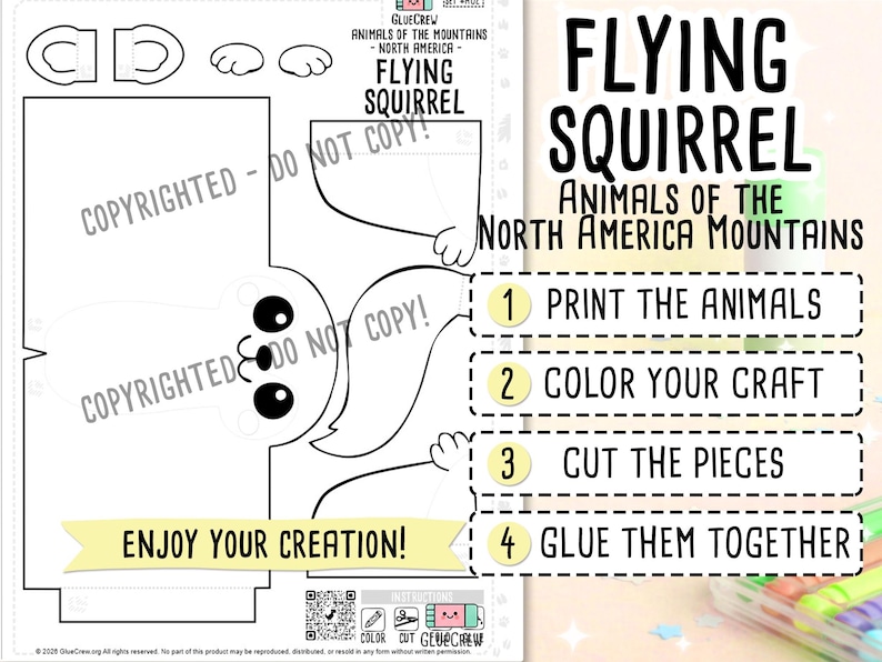Puede incluir: Una plantilla de manualidades imprimible en blanco y negro para una ardilla voladora, con contornos del cuerpo, la cola y las patas. El texto dice FLYING SQUIRREL ANIMALS OF THE NORTH AMERICA MOUNTAINS, con instrucciones numeradas del 1 al 4.