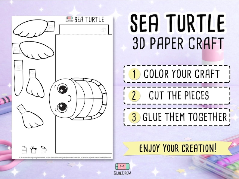 May include: A black and white sea turtle 3D paper craft kit. The kit includes the sea turtle's body, flippers, and head, with instructions to color, cut, and glue the pieces together. The text reads "Sea Turtle 3D Paper Craft".