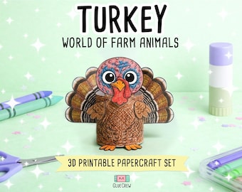 Turkey 3D Printable Paper Craft | DIY Paper Craft for Classroom | Farm Animals | Classroom Homeschool Fine Motor Activity | Home Learning