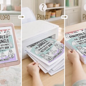 May include: A three-step process for an activity book. The first step shows a tablet with the cover of the "Animals of the Jungle" activity book. The second step shows the book being printed. The third step shows the printed book.