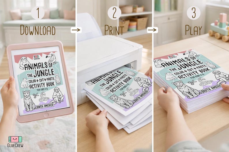 May include: A three-step process for an activity book. The first step shows a tablet with the cover of the "Animals of the Jungle" activity book. The second step shows the book being printed. The third step shows the printed book.