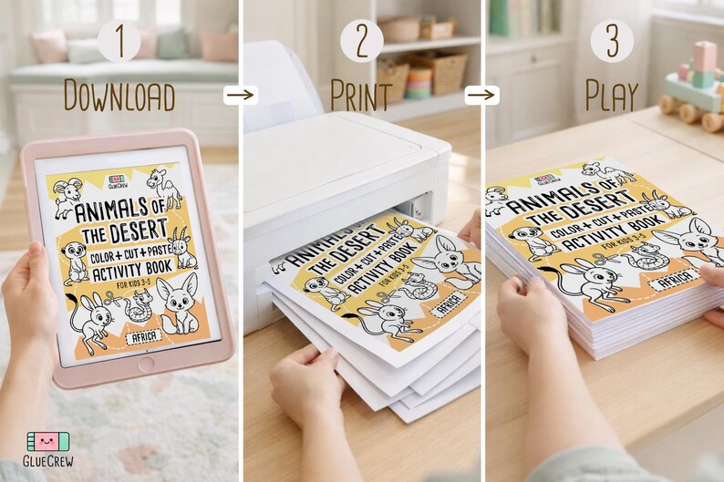 Three-step guide showing how it works: download the “Animals of the Desert” PDF on a tablet, print the pages from a home printer, then stack and play with the printed activity book.