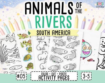 Animals of the Rivers, preschool busy book and cut and paste, freshwater animals, toddler worksheets and coloring printables, Printable PDF