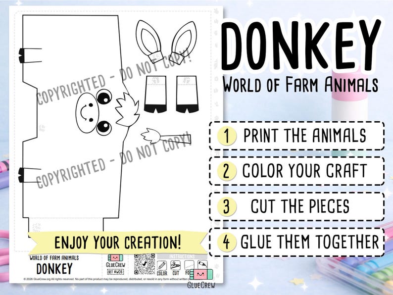 Donkey DIY Printable Paper Craft | 3D Printable DIY Craft for Kids | Barnyard Habitat | Preschool Classroom Homeschool Activity | Kids Craft image 2