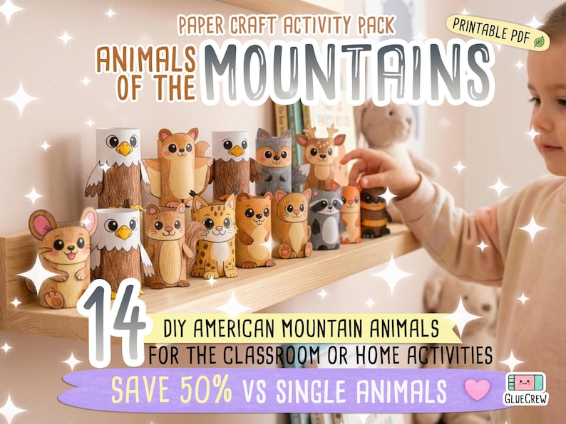 Puede incluir: Un paquete de manualidades en papel con 14 animales de monta&ntilde;a americanos para hacer. El PDF imprimible incluye figuras de rat&oacute;n, &aacute;guilas, ardilla, lince, oso, mapache y ciervo. Texto: PAPER CRAFT ACTIVITY PACK ANIMALS OF THE MOUNTAINS 14 DIY AMERICAN MOUNTAIN ANIMALS FOR THE CLASSROOM OR HOME ACTIVITIES SAVE 50% VS SINGLE ANIMALS.
