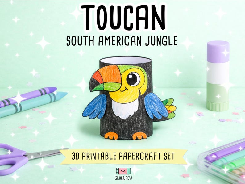 Toucan Printable Paper Craft | 3D Printable DIY Craft for Kids | South American Jungle | Preschool Classroom Homeschool Activity Kids Craft image 1