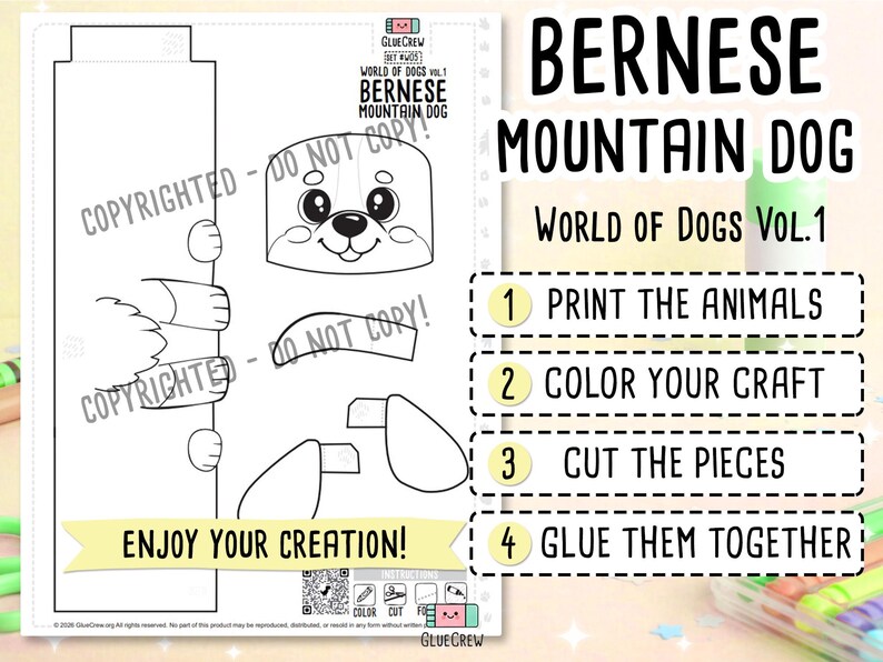 May include: A printable craft sheet for a Bernese Mountain Dog featuring black and white line art of dog parts, including a head, ears, and paws. The text reads Bernese Mountain Dog, World of Dogs Vol. 1, and includes four numbered assembly steps.