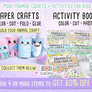 Puede incluir: Imagen que presenta manualidades con animales y libros de actividades para ni&ntilde;os. Las manualidades incluyen una medusa, un pulpo, un delf&iacute;n y un tibur&oacute;n. Los libros de actividades se titulan "Animales de las Pampas", "Animales de los Andes", "Animales de los Lagos", "Animales de Australia", "Animales de los Alpes" y "Animales de la Selva".