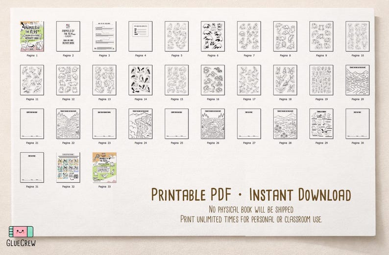 Preview collage of the “Animals of the Alps Vol. 2” printable PDF, showing small thumbnails of multiple interior activity pages and covers, labeled as an instant digital download with no physical book shipped.