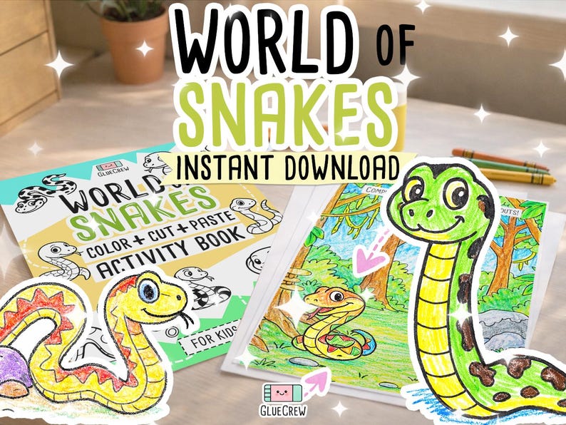 Pu&ograve; includere: Un libro di attivit&agrave; per bambini colorato intitolato "World of Snakes" con il testo "Color + Cut + Paste Activity Book" e "Instant Download". L'immagine presenta un serpente dei cartoni animati verde e giallo, insieme a pastelli e una pianta in vaso.
