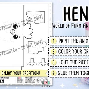 Hen Printable Craft for Kids | DIY Paper Craft for Classroom | Farm Animals | Teacher School Homeschool Habitat Unit | Fine Motor Skills bild 2