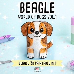 K&ouml;nnte beinhalten: Ein 3D-druckbares Papierbastelset mit einer Beagle-Hundefigur. Der Text lautet BEAGLE WORLD OF DOGS VOL.1 und BEAGLE 3D PRINTABLE KIT. Der Beagle ist in Braun, Wei&szlig; und Schwarz gehalten, hat gro&szlig;e Augen und einen kleinen Schwanz.