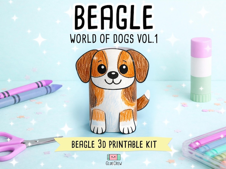 K&ouml;nnte beinhalten: Ein 3D-druckbares Papierbastelset mit einer Beagle-Hundefigur. Der Text lautet BEAGLE WORLD OF DOGS VOL.1 und BEAGLE 3D PRINTABLE KIT. Der Beagle ist in Braun, Wei&szlig; und Schwarz gehalten, hat gro&szlig;e Augen und einen kleinen Schwanz.