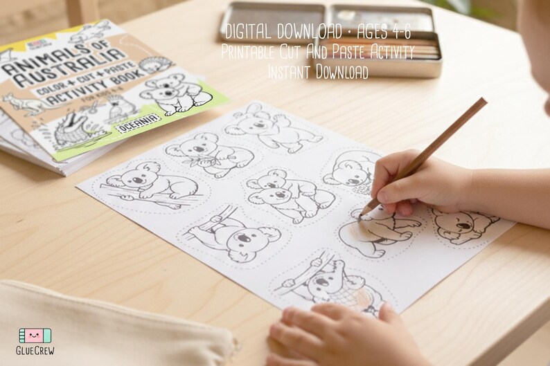 May include: A coloring and cut-and-paste activity book titled "Animals of Australia" with koala illustrations. The image shows a child coloring a koala drawing with a pencil. Text on the image reads "DIGITAL DOWNLOAD - AGES 4-6 PRINTABLE CUT AND PASTE ACTIVITY INSTANT DOWNLOAD".