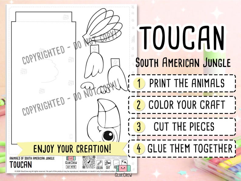 Toucan Printable Paper Craft | 3D Printable DIY Craft for Kids | South American Jungle | Preschool Classroom Homeschool Activity Kids Craft image 2