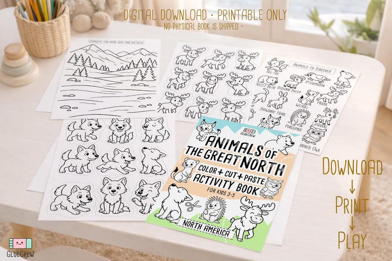Pode incluir: Um conjunto de folhas de atividades imprim&iacute;veis para crian&ccedil;as, com desenhos a tra&ccedil;o de animais e paisagens. As folhas incluem p&aacute;ginas para colorir, atividades de recortar e colar e o texto "ANIMALS OF THE GREAT NORTH". O texto "DOWNLOAD DIGITAL - APENAS IMPRIM&Iacute;VEL" tamb&eacute;m &eacute; vis&iacute;vel.