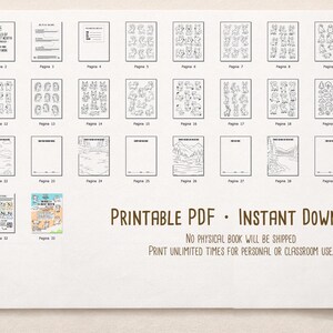 Pode incluir: Uma folha branca com v&aacute;rias p&aacute;ginas para impress&atilde;o, incluindo p&aacute;ginas para colorir e papel pautado. As p&aacute;ginas est&atilde;o dispostas em linhas e colunas. O texto na parte inferior diz "PDF IMPRIM&Iacute;VEL &bull; DOWNLOAD INSTANT&Acirc;NEO". O logotipo Glue Crew est&aacute; no canto inferior direito.