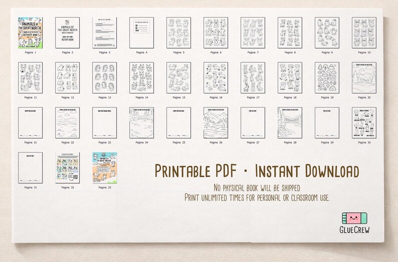 Pode incluir: Uma folha branca com v&aacute;rias p&aacute;ginas para impress&atilde;o, incluindo p&aacute;ginas para colorir e papel pautado. As p&aacute;ginas est&atilde;o dispostas em linhas e colunas. O texto na parte inferior diz "PDF IMPRIM&Iacute;VEL &bull; DOWNLOAD INSTANT&Acirc;NEO". O logotipo Glue Crew est&aacute; no canto inferior direito.